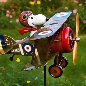 Snoopy Flying Ace Biplane Wind Spinner, Metal Yard Art, Outdoor Whirligig, Pilot Gift，2D