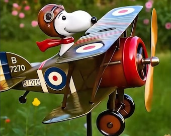 Peanuts Snoopy Flying Ace Biplan Vindspinner Trädgårdspåke, Vintage Metall Trädgårdskonst, Utomhus Gräsmatta Dekor, Virvelvind för Terrass, Pilotpresent