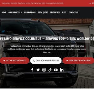 Könnte beinhalten: Website für Luxury Rides LLC, einen Limousinenservice. Die Seite zeigt einen schwarzen SUV, rote und weiße Schaltflächen und den Text "#1 Limo Service Columbus - Serving 500+ Cities Worldwide."