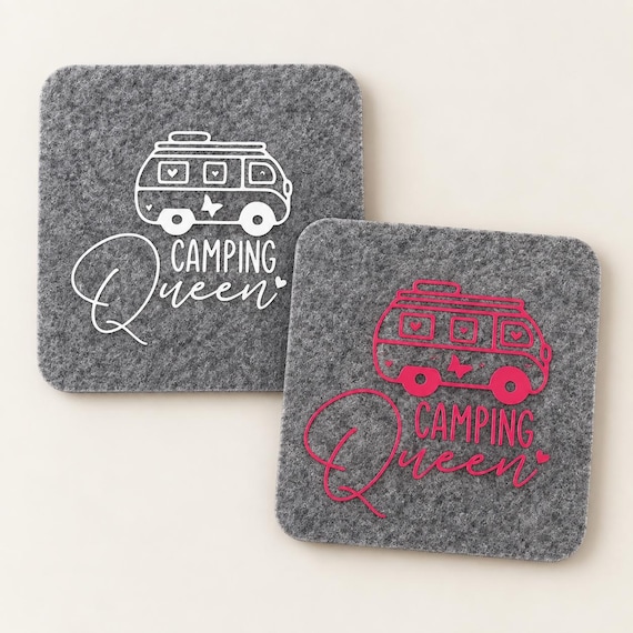 Camping Queen Felt Coasters | Camper Coasters 10 x 10 cm | Gift for Female Campers | Motorhome Camping Gift | Caravan Decor | Camping