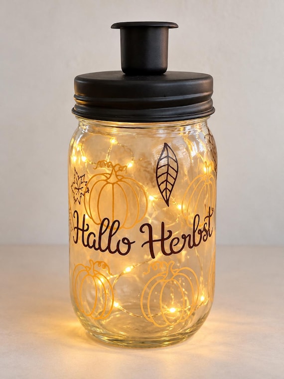 Autumn lantern “Hello Autumn”, glass with candle holder, pumpkin decoration, autumnal table decoration