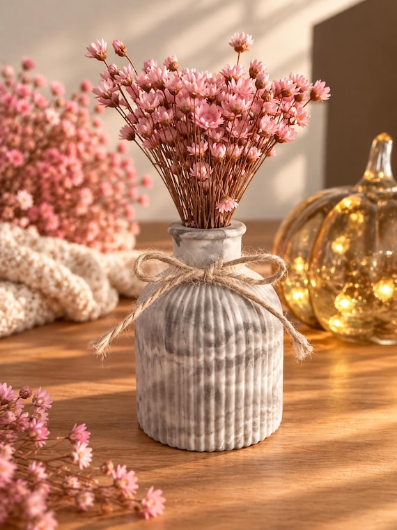 Marble decorative vase with pink dried flowers, hand-poured vase, modern home decor, table decoration