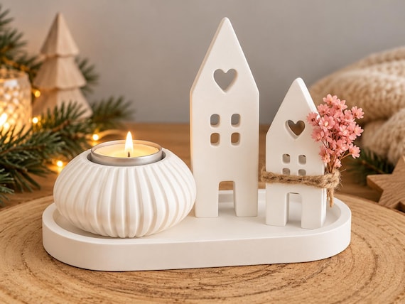 "Home" decorative set made of Keraflott – hand-cast with tray & tealight holder