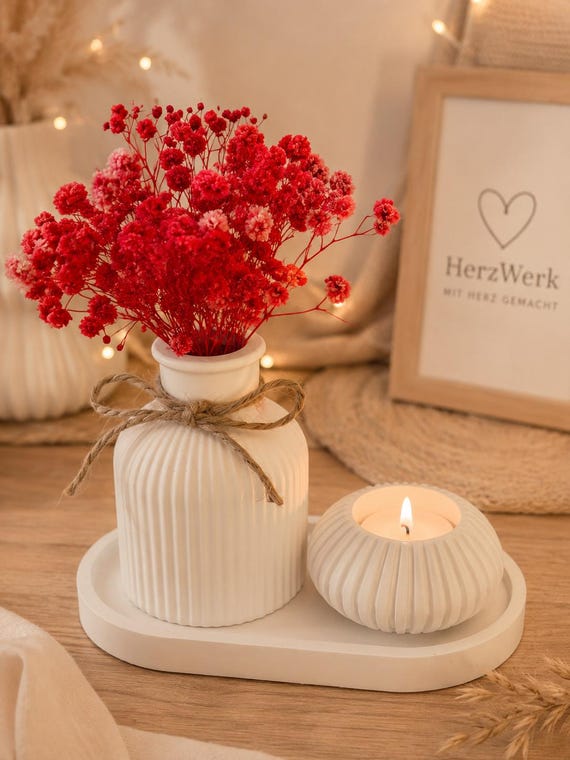 Decorative set with vase, tealight holder and tray, modern decoration, table decoration