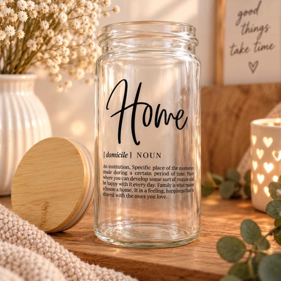 Storage jar with wooden lid, home decorative jar, printed glass, modern home decor