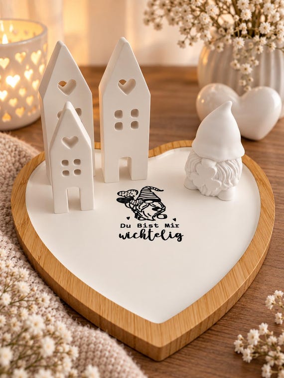 Decorative set made of Keraflott, decorative tray "You are my little elf", 3 decorative houses & gnomes, Christmas decoration, elf gift