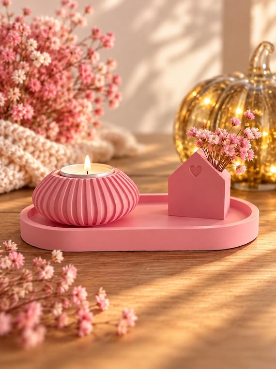 Pink decorative set with house and tealight holder, decorative tray, handmade home decor