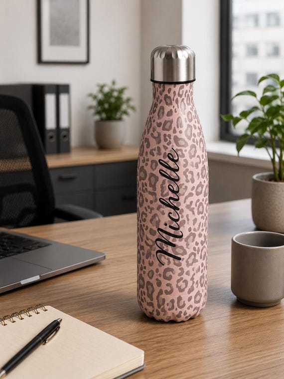 Personalized thermal water bottle with name, leopard design, stainless steel bottle, gift for women and girls