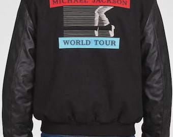 Michael Jackson Bad World Tour Jacke | Wolle & Echtleder MJ Bomberjacke | Moonwalk Varsity Kostüm