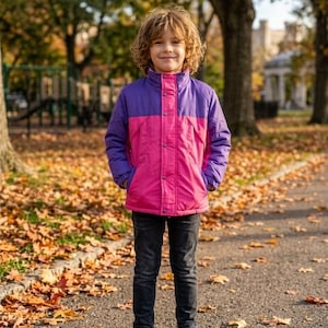 May include: A colour-blocked jacket featuring a bright pink centre panel and purple sleeves and upper section. The jacket has a high collar, a front placket with visible snap buttons, and long sleeves. It is paired with dark grey denim jeans and blue trainers.