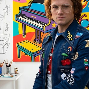 May include: A person with reddish-brown hair and clear-framed glasses wears a dark blue denim jacket adorned with various colorful embroidered patches, including cherries, rockets, and stars, over a white t-shirt with a red graphic design.