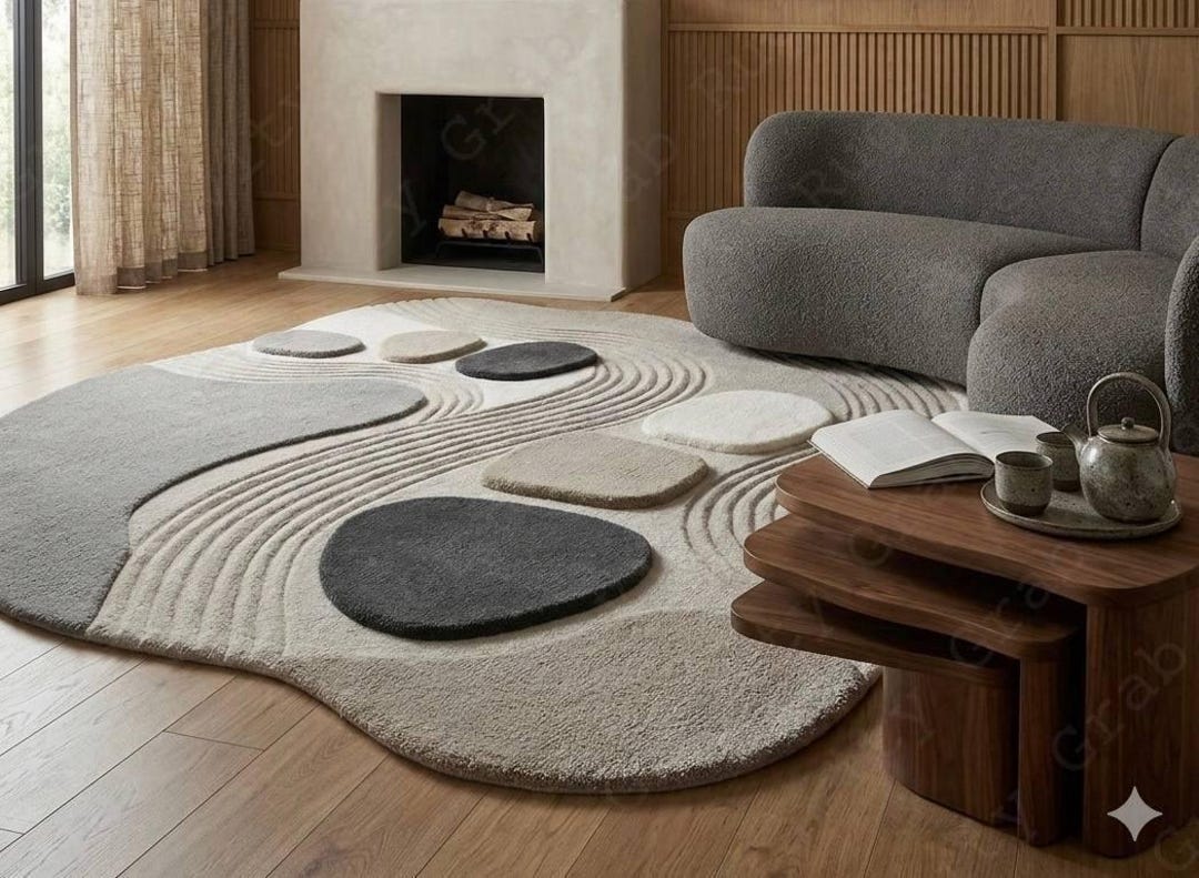 Japandi Abstract Zen Garden Rug, Textured Wool, Irregular Shape, Beige ...