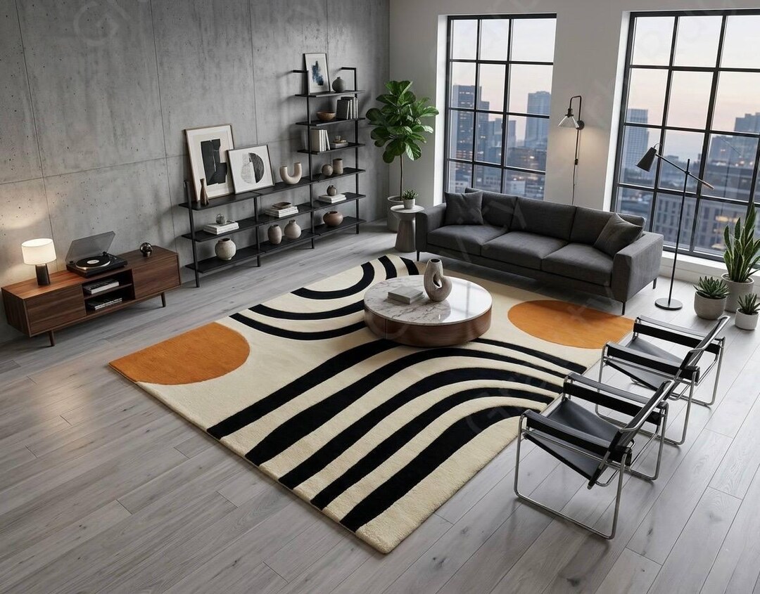 Sala Rug Mid-century Modern Abstract Geometric Area Rug – Bold Black Concentric ...