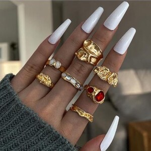 Vintage Textured Gold Ring Set | Pearl & Ruby Statement Rings | Artisan Chunky Jewelry