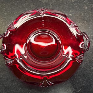Paden City Glass Company ruby red handled sandwich server tray in the "Crow's Foot" pattern