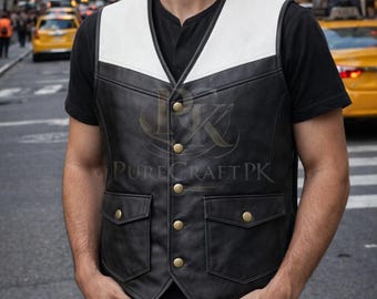 Colete masculino de couro preto com pala branca, estilo motociclista/western, feito à mão para cosplay.