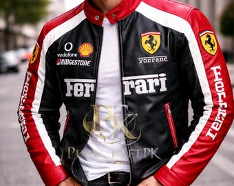 Jaqueta de couro vintage Ferrari Racing dos anos 90, estilo motociclista/streetwear.