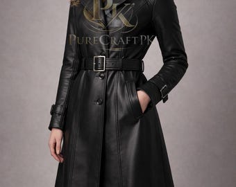 Trench coat de couro de cordeiro preto | Jaqueta de inverno slim fit com cinto, elegante para o escritório