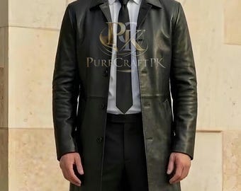 Casaco trench coat masculino em couro de ovelha preto, modelo slim fit para ocasiões formais de inverno.