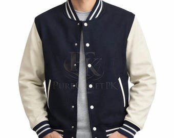 Jaqueta Varsity Masculina em Lã e Couro Azul Marinho | Jaqueta Bomber Estilo Letterman com Mangas Creme (Tamanhos do XS ao 5XL)