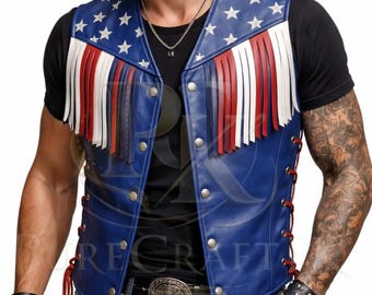 Colete masculino patriótico de couro, com franjas da bandeira americana, estilo motociclista, colete western feito à mão.