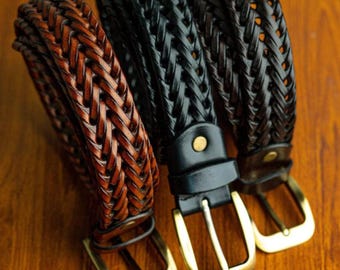 Conjunto de 3 cintos masculinos de couro trançado, feitos à mão para ocasiões casuais.