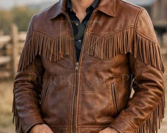 Jaqueta masculina de couro marrom com franjas, estilo cowboy do oeste americano, casaco de motociclista/fazenda feito à mão