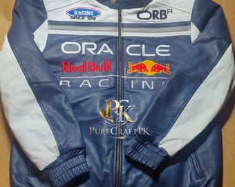 Chaqueta de cuero Oracle Red Bull Racing F1, ropa estilo motero para deportes de motor.