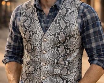 Colete masculino de couro com estampa de cobra, colete western de couro bovino legítimo, fantasia de cosplay feita à mão