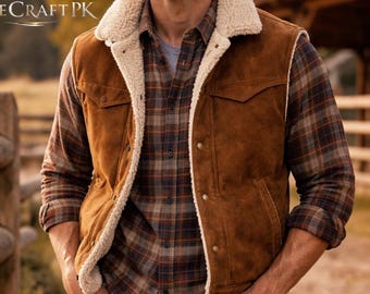 Colete masculino de camurça e pele de carneiro, estilo cowboy ocidental, colete sem mangas para o inverno | Tamanhos XXS a 5XL