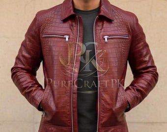 Jaqueta masculina de couro com textura de crocodilo | Jaqueta de couro bovino cor bordô
