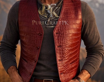 Colete masculino em couro legítimo com textura de crocodilo, estilo vintage marrom-avermelhado, colete estilo cowboy do Oeste.