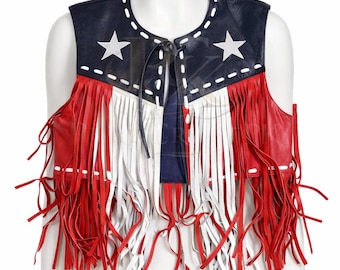 Colete de couro com franjas e a bandeira americana, estilo country/motoqueiro/rodeio unissex.