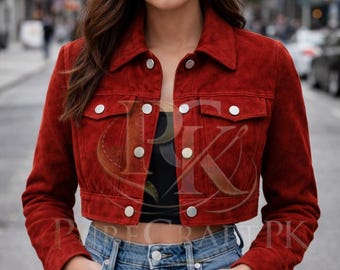 Jaqueta trucker cropped de camurça vermelha, feita à mão em couro, estilo vintage.