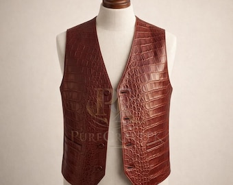Chaleco de cuero genuino para hombre con relieve de cocodrilo, chaleco vintage rojo marrón, chaleco estilo vaquero del oeste