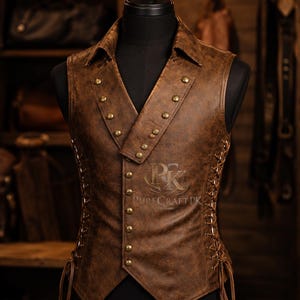 Op de afbeelding: Bruin leren vest met een reverskraag en messingkleurige knopen. Het vest heeft een veterdetail aan de zijkanten en wordt gepresenteerd op een zwarte mannequin. Het vest is van PureCraftPK.