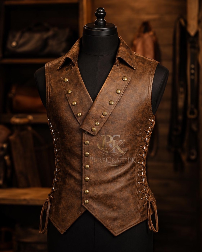 Op de afbeelding: Bruin leren vest met een reverskraag en messingkleurige knopen. Het vest heeft een veterdetail aan de zijkanten en wordt gepresenteerd op een zwarte mannequin. Het vest is van PureCraftPK.