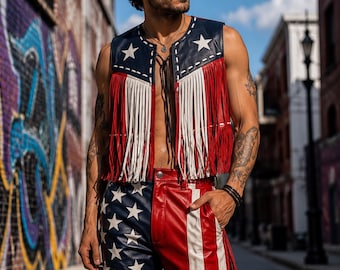 Leren vest met Amerikaanse vlag | 4 juli | Western-bikersoutfit met sterrenstrepen