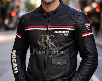 Jaqueta de couro estilo Café Racer Ducati feita à mão – Equipamento masculino preto para motociclistas