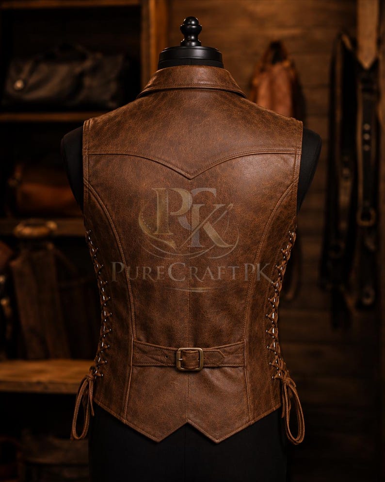 Op de afbeelding: Een bruin leren vest met een distressed afwerking, weergegeven op een mannequin. Het vest heeft een kraag, een gespsluiting in de taille en decoratieve veters aan de zijkanten. De achterkant van het vest heeft een reli&euml;flogo en de tekst "Pure Craft PK".