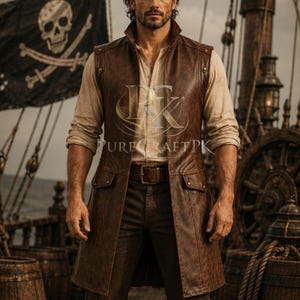 Lång piratväst i läder för män | Steampunk-väst i gotisk stil | Medeltida vikingadräkt