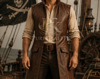 Lang leren piratenvest voor heren | Gothic steampunkgilet | Middeleeuws Vikingkostuum