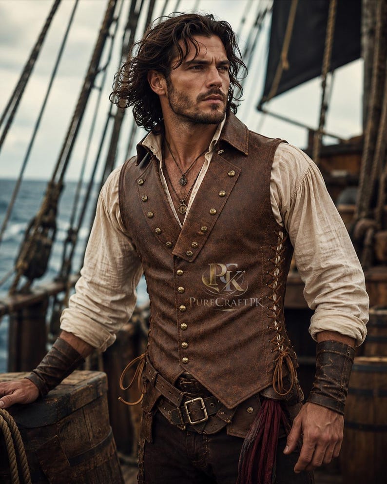 Op de afbeelding: Een bruin leren vest met goudkleurige knopen en veterdetails, gedragen over een wit overhemd. De afbeelding toont ook een bijpassende riem, polsbanden en een rode sjerp, wat een historisch of piratenthema suggereert.