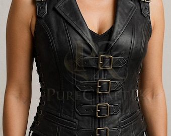 Colete de couro preto com fivela • Colete corset steampunk feminino