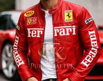Jaqueta de couro Ferrari Racing feita à mão, vestuário de motociclista em couro bovino genuíno.