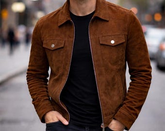 Jaqueta masculina estilo trucker em couro camurça genuíno | Casaco com zíper feito à mão (Preto, Marrom, Bege, Azul Marinho)