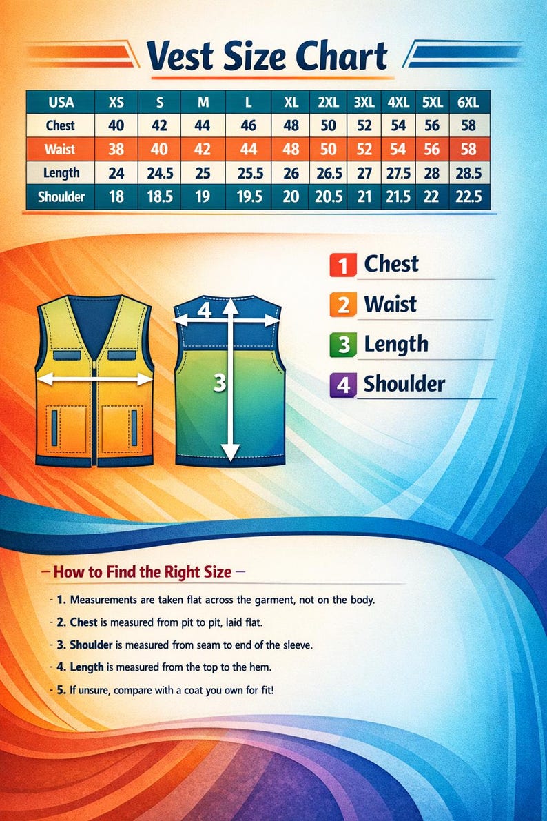 Op de afbeelding: Maattabel voor vesten met afmetingen in cm voor borst, taille, lengte en schouder. Diagrammen illustreren hoe de vest te meten. Bevat instructies voor het vinden van de juiste maat.