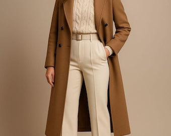 Sobretudo feminino longo de lã camelo com abotoamento duplo, ideal para presente | Tamanhos do XS ao 5XL