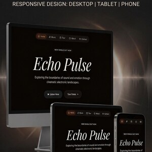 May include: A digital music portfolio design, showcasing a website layout on a desktop computer, tablet, and smartphone. The design features the text "Echo Pulse" and the tagline "Exploring the boundaries of sound and emotion through cinematic electronic landscapes."