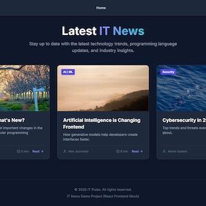 React TypeScript News Portal Template | Frontend Source Code for IT News Web Application | Vite + Tailwind UI | AI Integrated Template